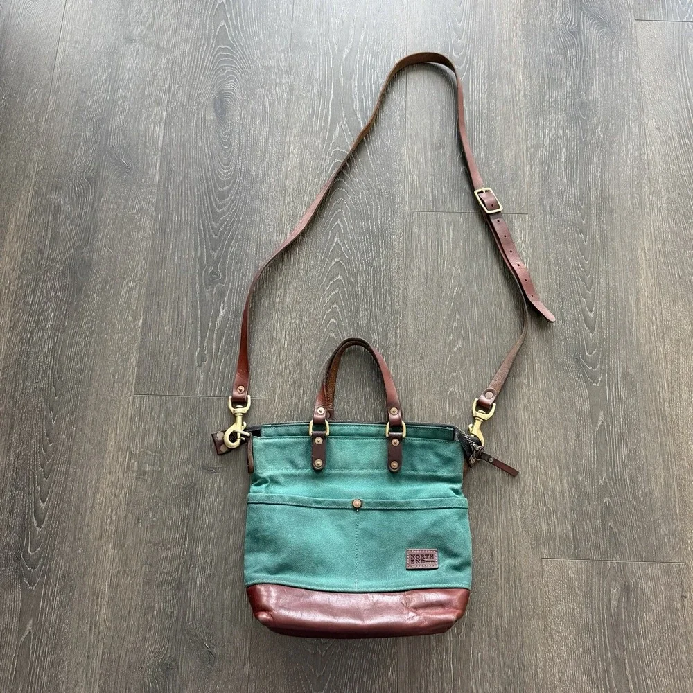 NORTH END Bag Co Teal Leona Canvas Brown Leather Large Crossbody Shoulder Boho